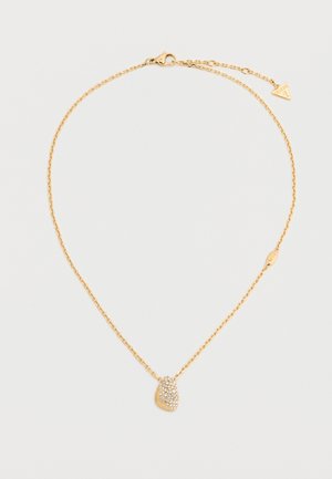 Finom aranylánc nyaklánc kis csepp alakú medállal, amelyet csoportosított áttetsző kristályok díszítenek, és amelyet páncélszerű kapocs zár.