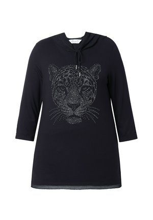 Zwarte tuniek met lange mouwen, capuchon, trekkoord en een design van een luipaardgezicht met strass-steentjes aan de voorkant.