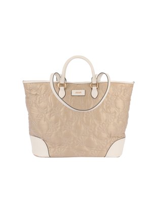 Borsa a spalla trapuntata beige, con accenti bianchi, manici doppi e dettagli in oro. Motivo floreale ricamato sul corpo principale.