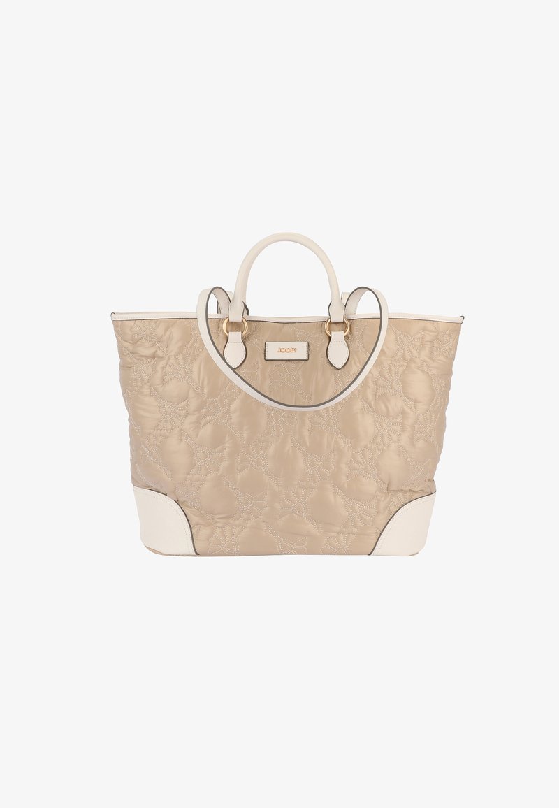 Pikowana beżowa torba na ramię, z białymi akcentami, podwójnymi uchwytami i złotymi elementami. Haftowany wzór kwiatowy na głównym korpusie.