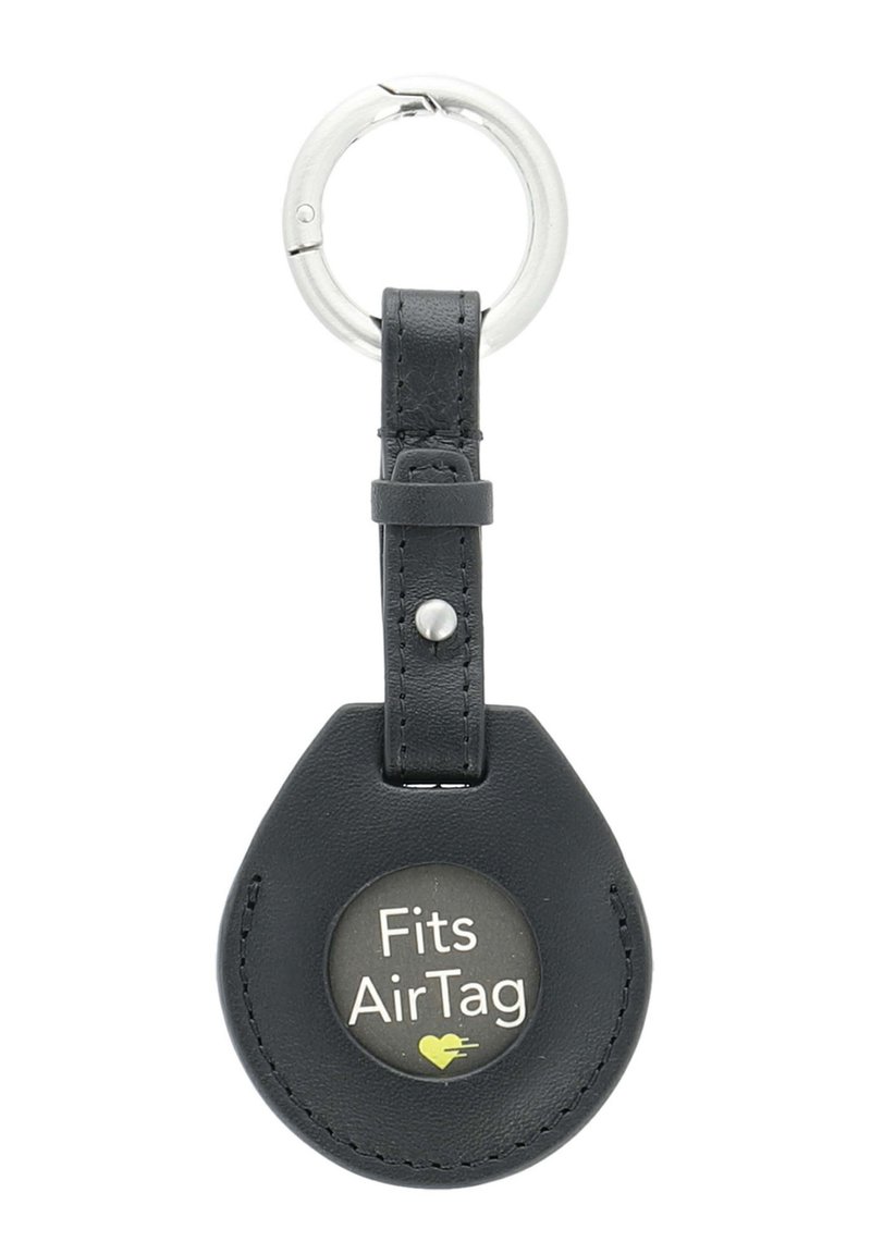 Black leather keychain holder for AirTag, featuring a circular design with a printed “Fits AirTag” logo and a silver metal keyring attachment.