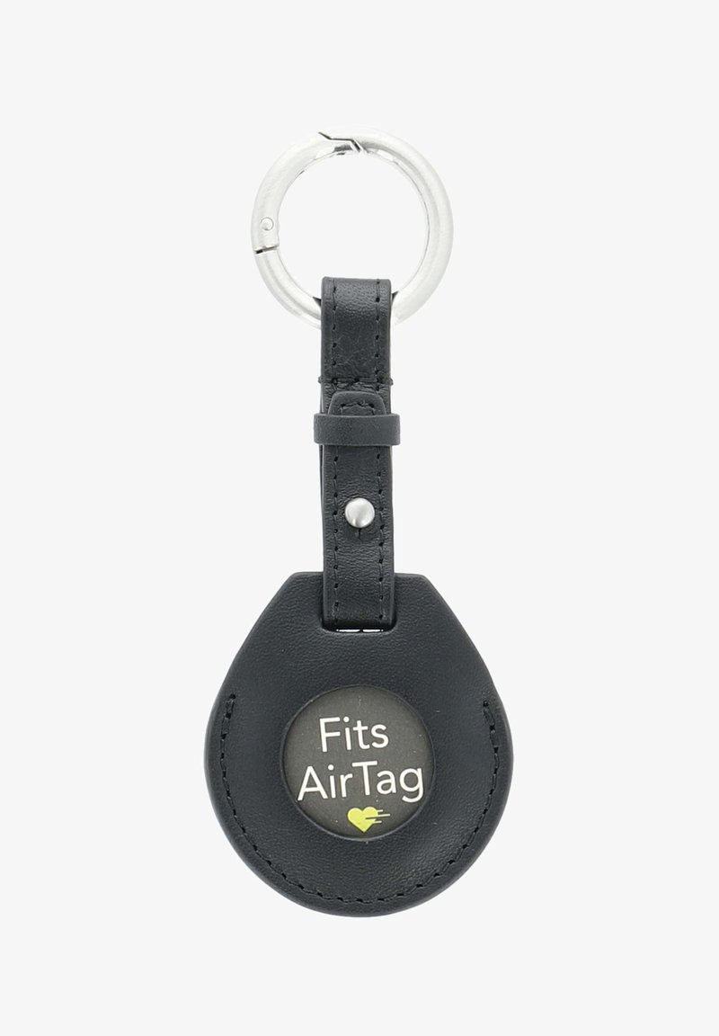Black leather keychain holder for AirTag, featuring a circular design with a printed “Fits AirTag” logo and a silver metal keyring attachment.