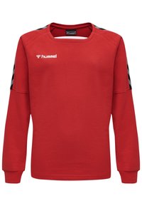Felpa rossa in cotone, con maniche lunghe, scollatura tonda e strisce nere lungo le spalle. Logo Hummel sul petto.