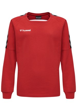 Rode sweatshirt van katoen, met lange mouwen, een ronde halslijn en zwarte strepen langs de schouders. Hummel-logo op de borst.