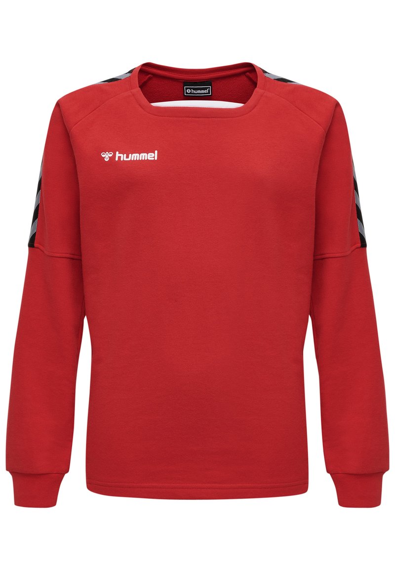 Felpa rossa in cotone, con maniche lunghe, scollatura tonda e strisce nere lungo le spalle. Logo Hummel sul petto.