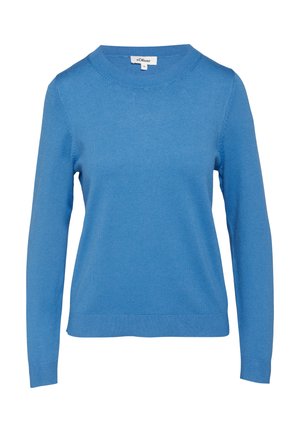 Blauer Langarm-Pullover aus Strickstoff mit rundem Ausschnitt und gerippten Bündchen und Saum. Einfaches Design ohne Muster oder Verzierungen.