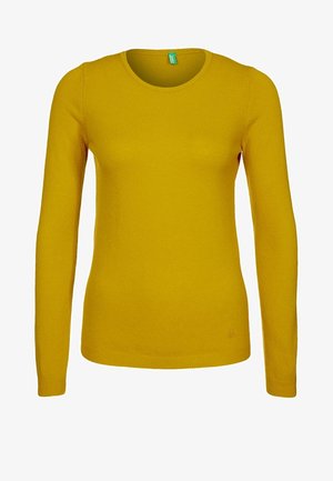 Długi rękaw, musztardowożółty sweter z dzianiny z okrągłym dekoltem, dopasowanymi mankietami i małym logo w pobliżu dolnego brzegu.