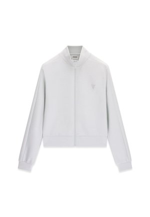 Giacca bianca con chiusura integrale con zip, maniche lunghe, collo alto, polsini a costine e piccolo logo sul petto a sinistra di Guess.