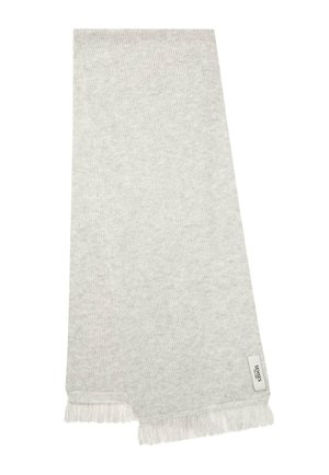 Hellgrauer Schal aus geripptem Stoff, mit Fransen an den Rändern und einem kleinen Etikett an einer Seite. Weiche Textur, rechteckige Form.