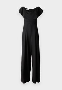 Melna kombinezona ar plecu atbrīvojošu volānu apkakli, cieši pieguļošu korpusu un platām, plūstošām kājām. Izgatavota no gludas auduma ar minimālu noformējumu.