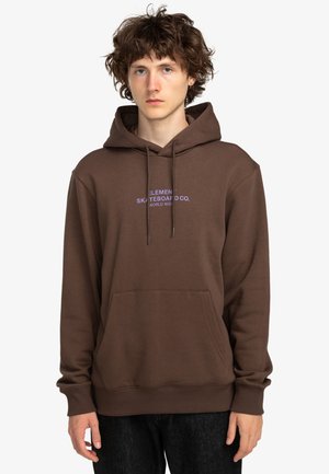 Brown pullover hoodie made from soft fabric, featuring a front pocket, drawstring hood, and purple printed logo on the chest.