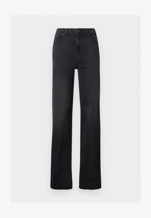 Schwarze Denim-Jeans mit geradem Bein, hoher Taille, Fünf-Taschen-Design und sichtbaren Nähten. Glatte Textur mit leicht ausgeblichenem Finish.