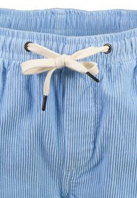 Pantalones cortos de pana azul claro con un patrón de canalé texturizado. Cuentan con una cintura reforzada con un cordón blanco y aglets negros.