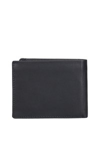 Zwart lederen portemonnee met een gladde textuur, rechthoekige vorm, subtiele stikseldetails en een ritssluiting aan één kant.