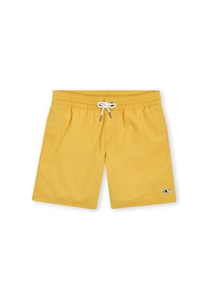 Costume da bagno giallo con elastico in vita, cordino bianco e piccolo logo sul lato inferiore destro. Tessuto liscio, vestibilità casual.