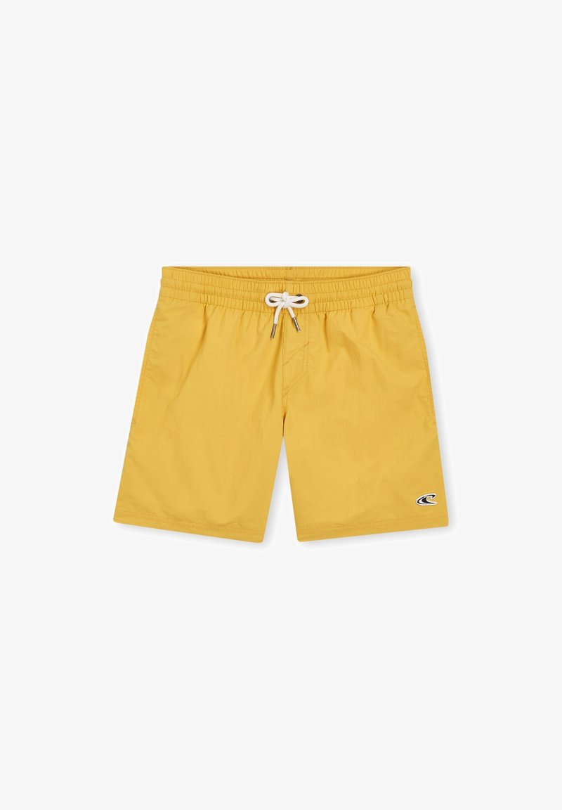 Gelbe Badeshorts mit einem elastischen Bund, weißen Kordeln und kleinem Logo auf der unteren rechten Seite. Glatte Textur, lässige Passform.
