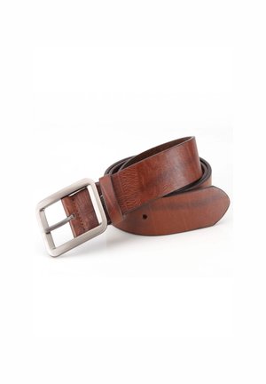 Brown leather belt with a polished silver square buckle, featuring a smooth texture and clean, minimal design. Five adjustment holes included.