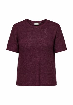 Svetr s krátkým rukávem v burgundy barvě, vyrobený z texturového pleteného materiálu; má klasický výstřih a volný střih. Bez viditelných vzorů nebo kování.