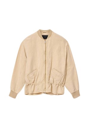 Beige bomberjakke med lynlås foran, ribbet krave og manchetter, to skrå lommer med klap og elastisk talje.