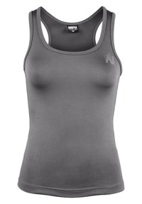 Grijze sportieve tanktop met een slank ontwerp, gemaakt van soepel materiaal, met brede banden en een klein logo-accent op de borst.