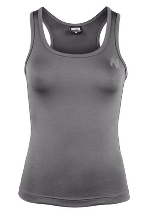 Grijze sportieve tanktop met een slank ontwerp, gemaakt van soepel materiaal, met brede banden en een klein logo-accent op de borst.