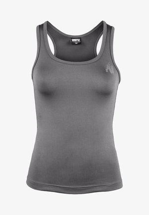 Grijze sportieve tanktop met een slank ontwerp, gemaakt van soepel materiaal, met brede banden en een klein logo-accent op de borst.