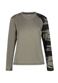 Lange mouwen shirt in lichtgrijs met een gestructureerd lichaam en een zwart patroon op de mouwen. Beschikt over een ronde halslijn en gestikte manchetten.