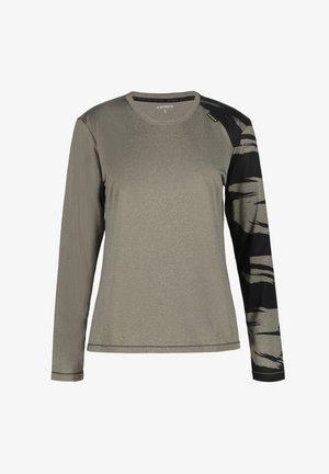 Lange mouwen shirt in lichtgrijs met een gestructureerd lichaam en een zwart patroon op de mouwen. Beschikt over een ronde halslijn en gestikte manchetten.