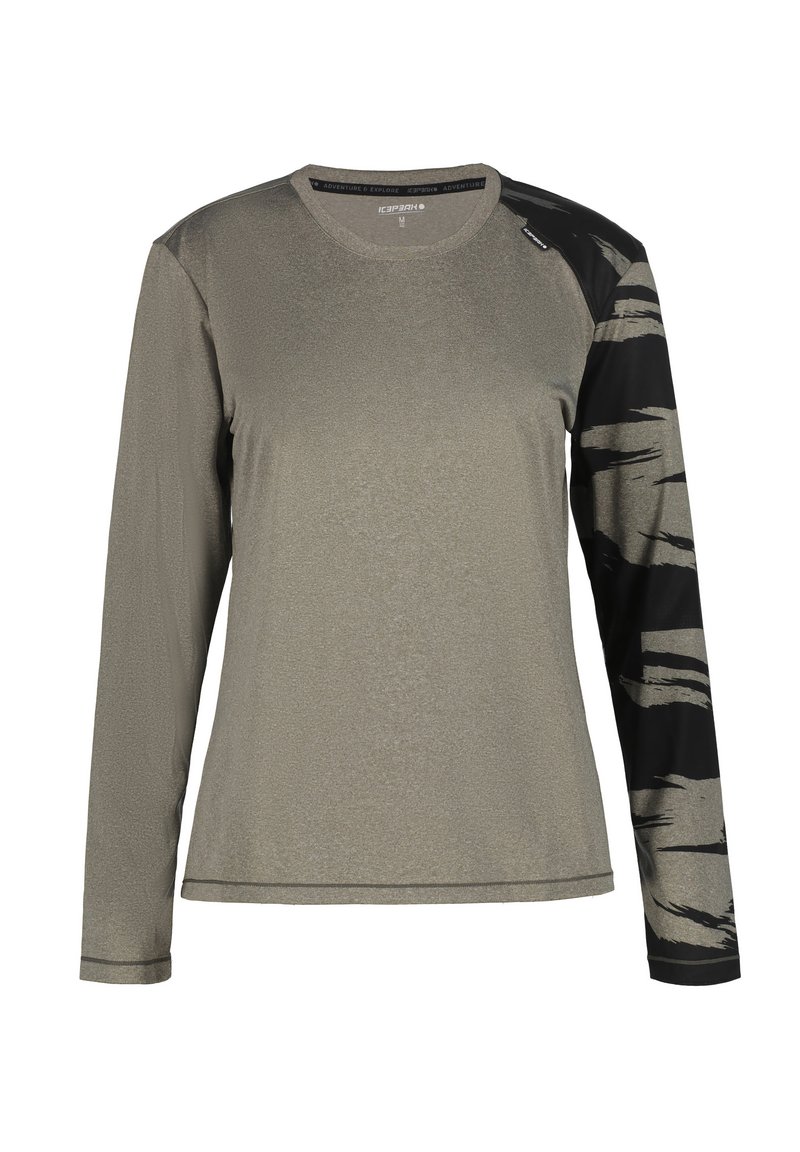 Lange mouwen shirt in lichtgrijs met een gestructureerd lichaam en een zwart patroon op de mouwen. Beschikt over een ronde halslijn en gestikte manchetten.