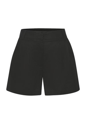 Schwarze Shorts aus glattem Stoff, mit einer figurbetonten Taille, Seitentaschen, Falten an der Vorderseite und einer Knie-langen Länge.