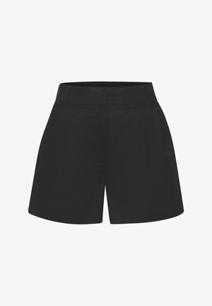 Black shorts made of smooth fabric, featuring a fitted waist, side pockets, pleats at the front, and an above-the-knee length.