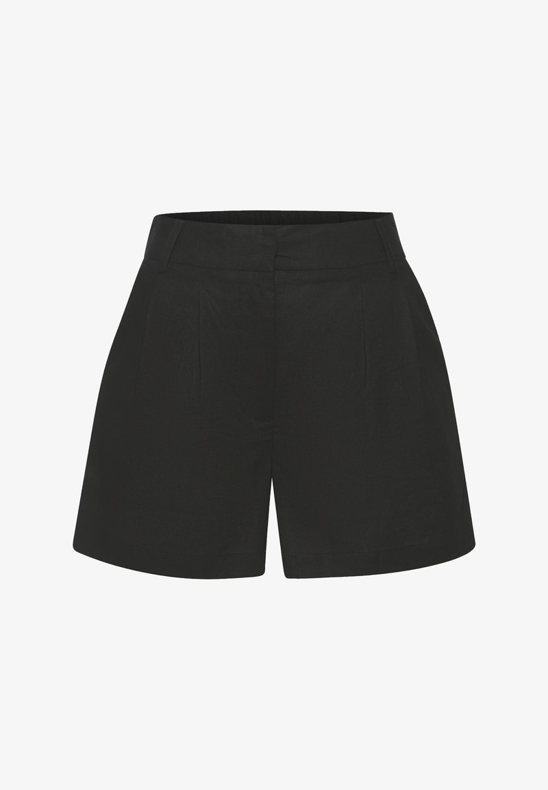 Black shorts made of smooth fabric, featuring a fitted waist, side pockets, pleats at the front, and an above-the-knee length.