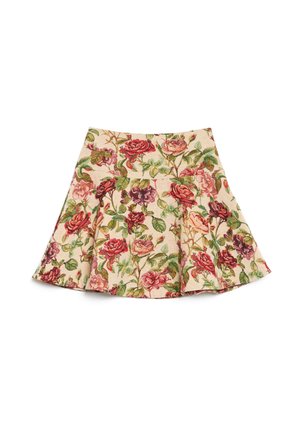 Jupe évasée à taille haute en tissu beige avec un motif floral de roses rouges, roses et violettes accompagnées de feuilles vertes.