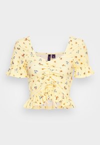 Top cropped giallo arricciato con maniche a sbuffo corte, piccolo motivo floreale multicolore, orlo a volant e scollatura quadrata.