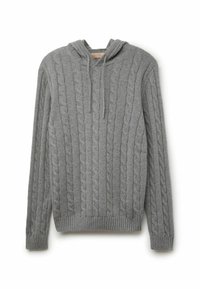 Grauer gestrickter Hoodie mit Kabelmuster, ausgestattet mit einer Kapuze, langen Ärmeln sowie gerippten Bündchen und Saum. Weiches Textilmaterial.