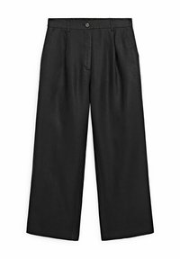 Svarta vida byxor gjorda av ett lättviktigt material. Har en knäppning i midjan och två sidofickor. Slät textur med en klassisk design.