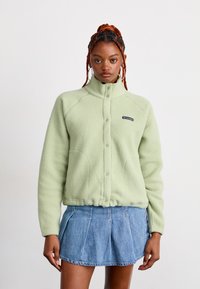 Jeune femme aux cheveux tressés portant une veste en polaire vert clair et une jupe en denim plissée bleue, se tenant devant un fond uni.