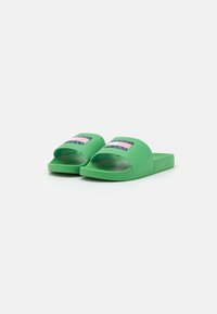 Chanclas verdes de goma con diseño abierto en la puntera, que presentan un parche decorativo con bandas rosas y azules en la parte superior.