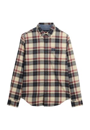 Camisa de cuadros de manga larga en beige, azul marino y rojo, con bolsillo en el pecho y cuello abotonado, sobre fondo blanco.