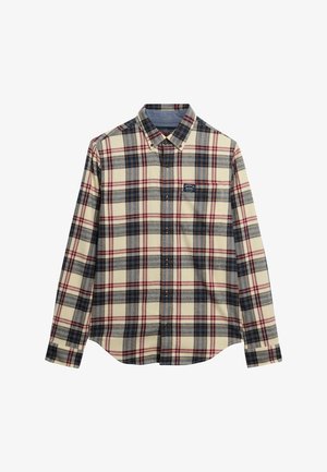 Beige, navy, and red plaid long-sleeve button-up shirt with chest pocket and button-down collar on white background.