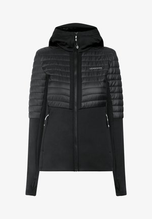 Črna jakna z podloženim zgornjim delom in gladkim spodnjim delom. Ima kapuco, sprednji zadrgo in stranske žepe z zadrgo.