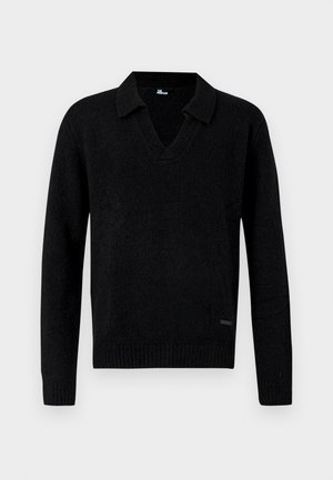 Maglione nero a maniche lunghe in maglia con scollo a V e polsini e orlo a coste, mostrato su uno sfondo neutro.