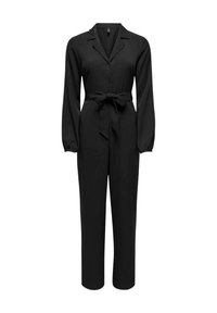 Combinaison noire à manches longues, avec un col, des boutons à l'avant et une ceinture en tissu à la taille. Texture lisse avec une coupe ajustée.