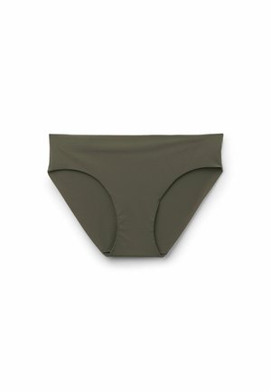 Olivegrüner Bikinihose aus glattem, dehnbarem Material, mit mittlerer Leibhöhe und rundem Vorderteil sowie vollständiger Bedeckung am Rücken.