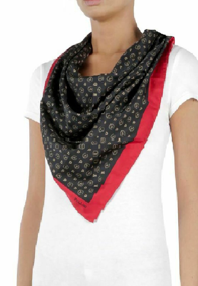 Czarny i czerwony trójkątny jedwabny szalik z złotymi akcentami wzorów, z ikonami na czarnym tle i jednolitą czerwoną krawędzią.