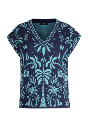 Tumši zils adīts bezroku tops ar V veida izgriezumu, rotāts ar gaiši ziliem tropisko palmu koku un ziedu rakstiem.