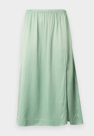 Vihreä midi-hame, joka on valmistettu sileästä kankaasta. Hameessa on joustava vyötärö ja sivureikä lisäämään liikkuvuutta.