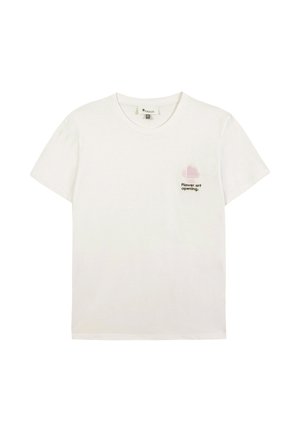 Wit T-shirt met korte mouwen en ronde hals, met een kleine roze bloemenprint en de tekst "Flower art opening." op de linkerborst.