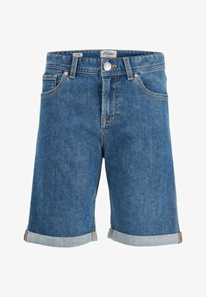 Blå denimshorts med opbukne kanter, forlommer, bæltestropper og lukning med metalknap i taljen.