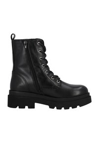 Botas de tobillo de cuero negro con suela de goma gruesa, cierre de cremallera y parte delantera con cordones. Presentan ojales metálicos y un acabado texturizado.